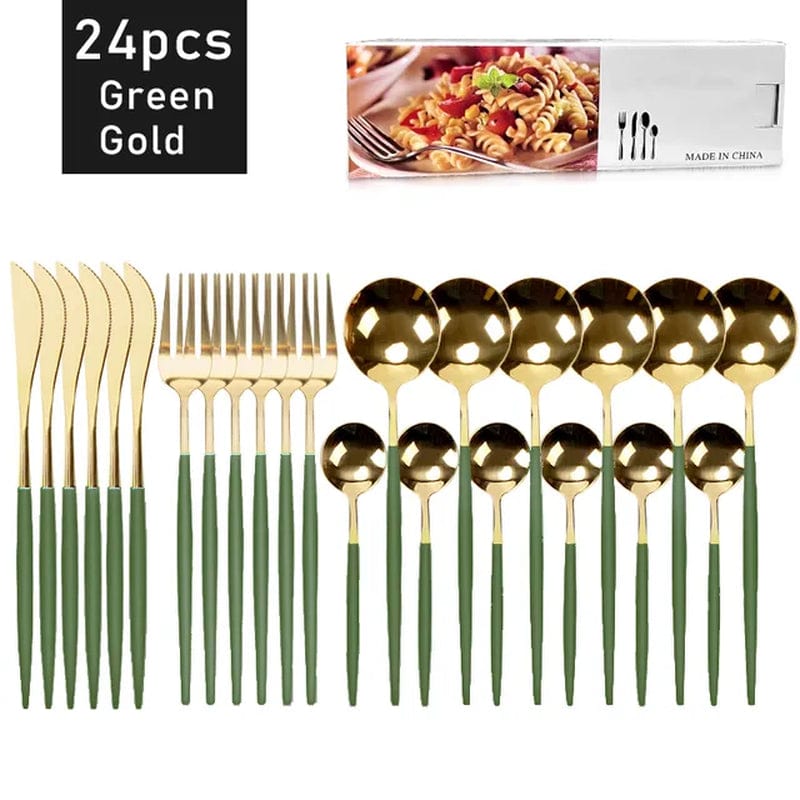 Gold, Black 24Pcs Stainless Steel Dinnerware Cutlery Set 