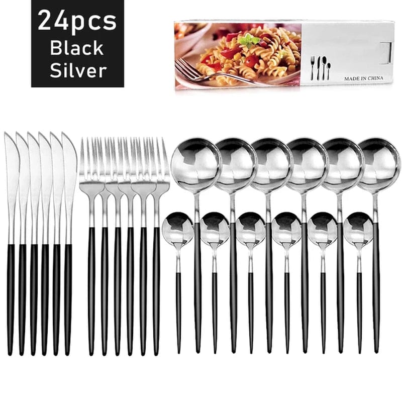 Gold, Black 24Pcs Stainless Steel Dinnerware Cutlery Set 