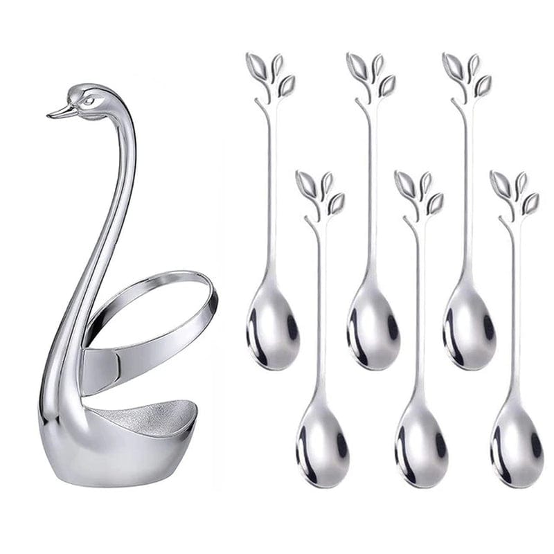 Golden Swan Cutlery Set Stainless Steel Spoon Fork Swan Base Holder Portable Teaspoons for Salad Dessert Cake Coffee Home Decor