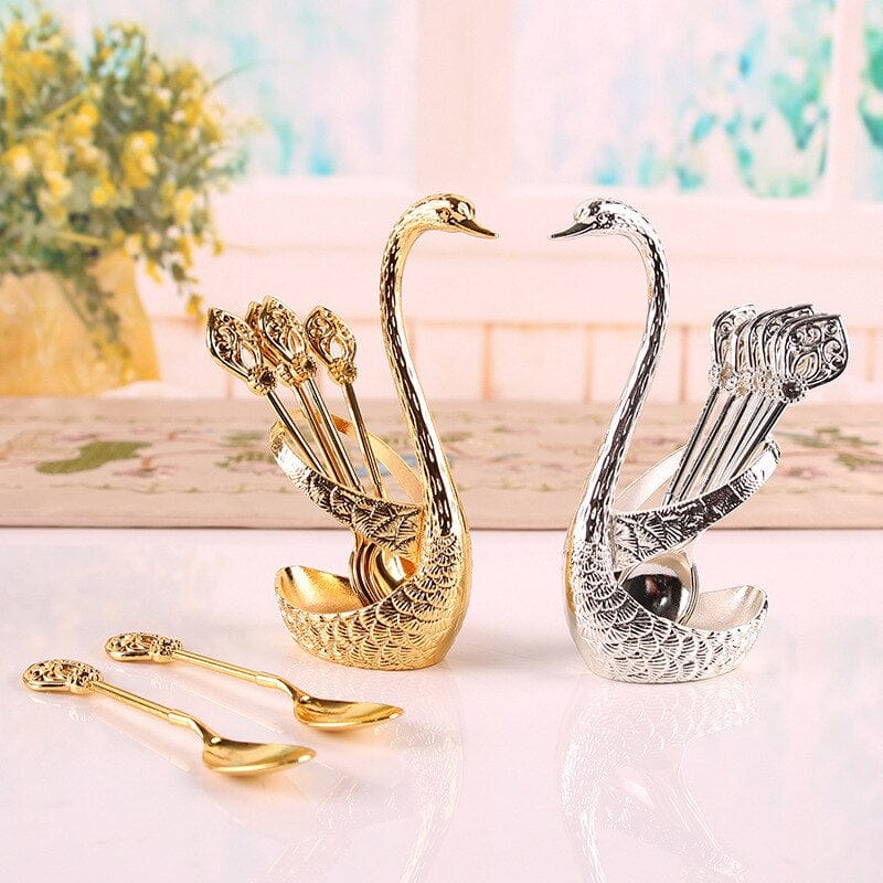 Golden Swan Cutlery Set Stainless Steel Spoon Fork Swan Base Holder Portable Teaspoons for Salad Dessert Cake Coffee Home Decor