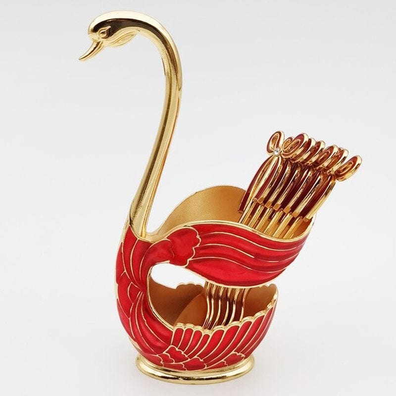 Golden Swan Cutlery Set Stainless Steel Spoon Fork Swan Base Holder Portable Teaspoons for Salad Dessert Cake Coffee Home Decor
