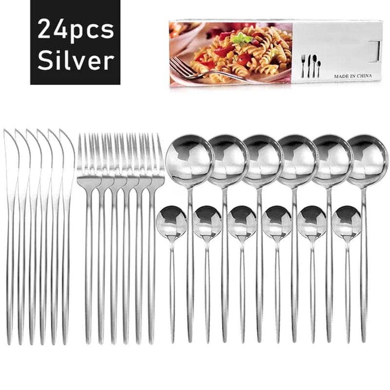 Gold, Black 24Pcs Stainless Steel Dinnerware Cutlery Set 