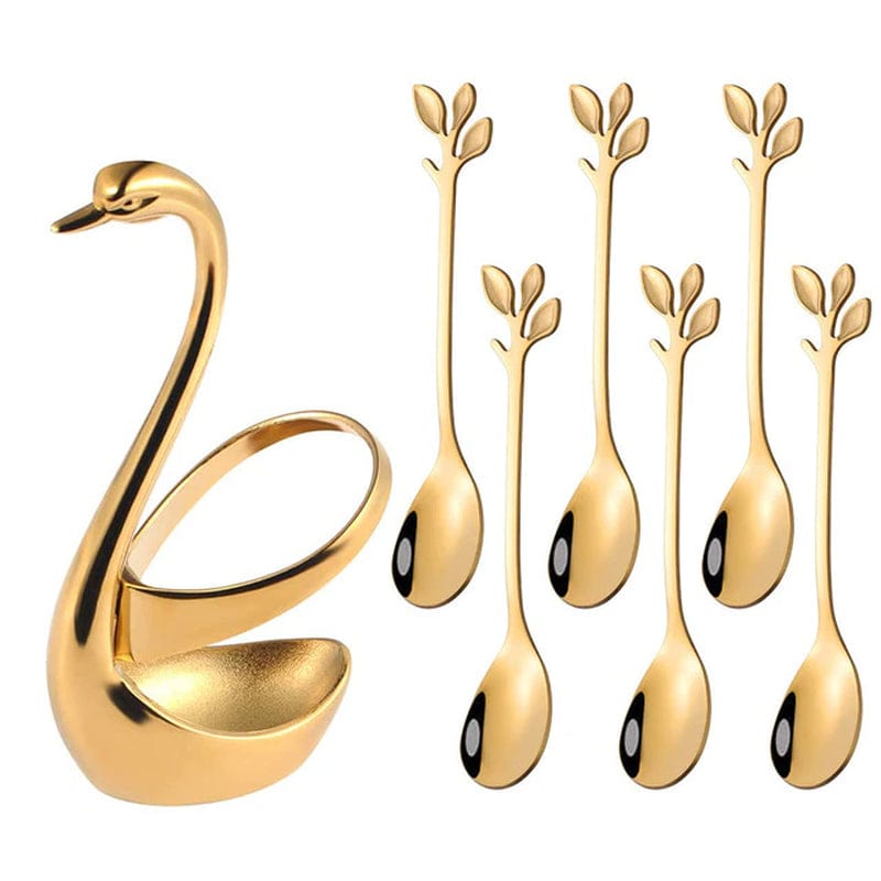 Golden Swan Cutlery Set Stainless Steel Spoon Fork Swan Base Holder Portable Teaspoons for Salad Dessert Cake Coffee Home Decor