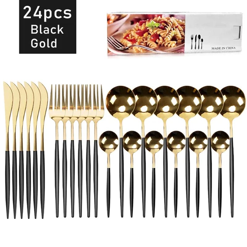 Gold, Black 24Pcs Stainless Steel Dinnerware Cutlery Set 