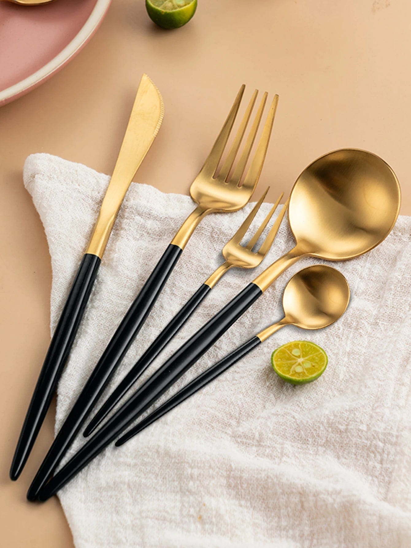 Gold, Black 24Pcs Stainless Steel Dinnerware Cutlery Set 