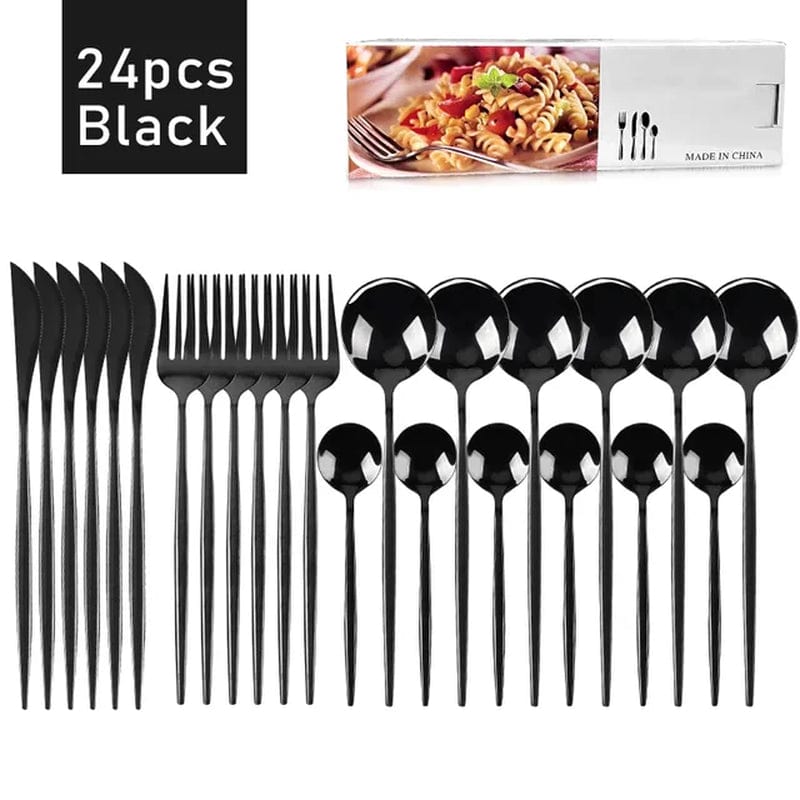 Gold, Black 24Pcs Stainless Steel Dinnerware Cutlery Set 