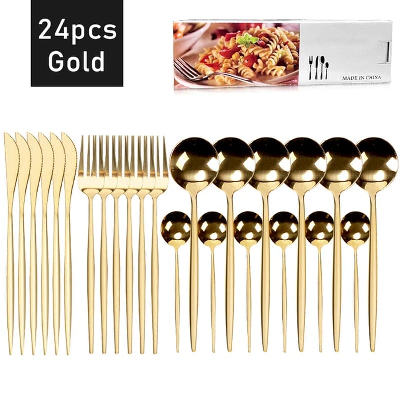 Gold, Black 24Pcs Stainless Steel Dinnerware Cutlery Set 